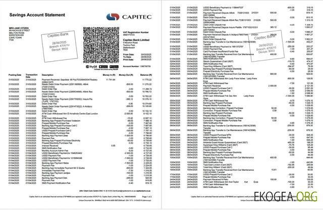 Modèle Word et PDF de relevé de compte Capitec Bank d'Afrique du Sud, 2 pages